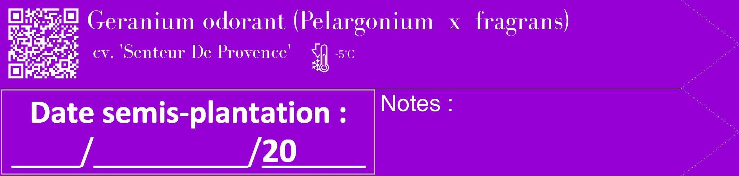Étiquette de : Pelargonium x fragrans cv. 'Senteur De Provence' - format c - style blanche48_simple_simplebod avec qrcode et comestibilité
