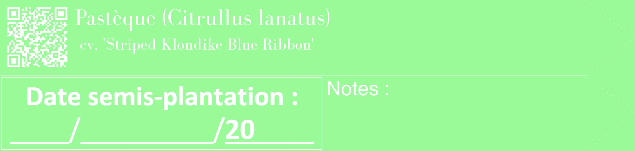 Étiquette de : Citrullus lanatus cv. 'Striped Klondike Blue Ribbon' - format c - style blanche14_simple_simplebod avec qrcode et comestibilité