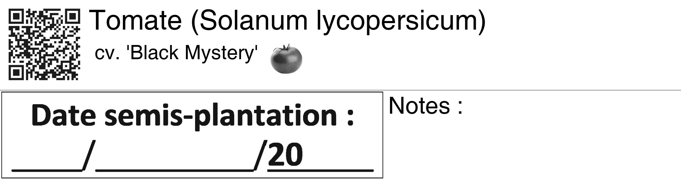 Étiquette de : Solanum lycopersicum cv. 'Black Mystery' - format c - style noire60_basiquegrrvhel avec qrcode et comestibilité simplifiée