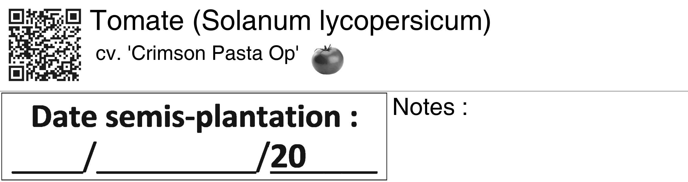 Étiquette de : Solanum lycopersicum cv. 'Crimson Pasta Op' - format c - style noire60_basiquegrrvhel avec qrcode et comestibilité simplifiée