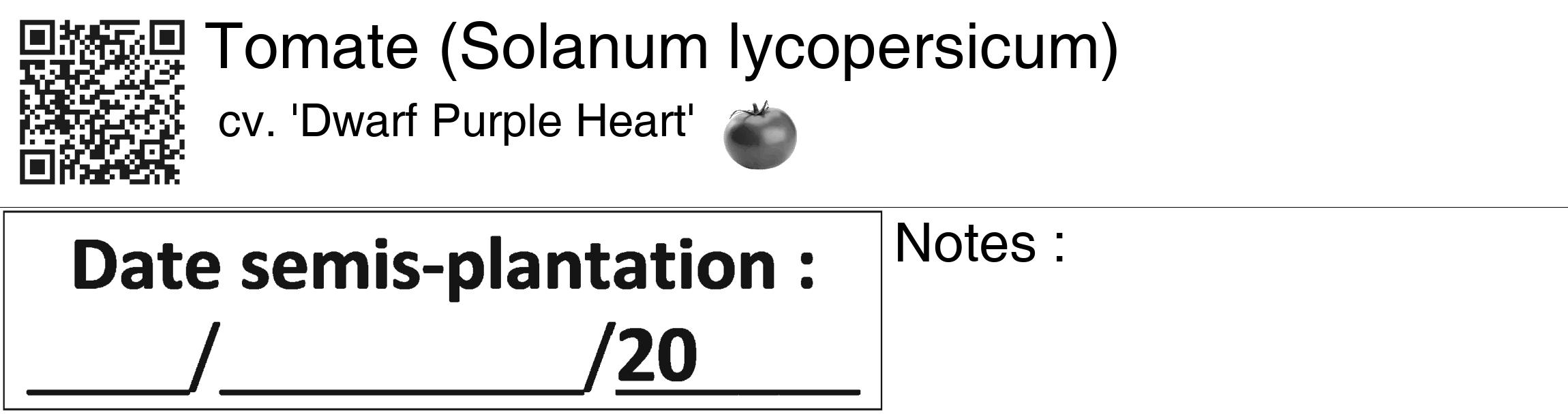 Étiquette de : Solanum lycopersicum cv. 'Dwarf Purple Heart' - format c - style noire60_basiquegrrvhel avec qrcode et comestibilité simplifiée