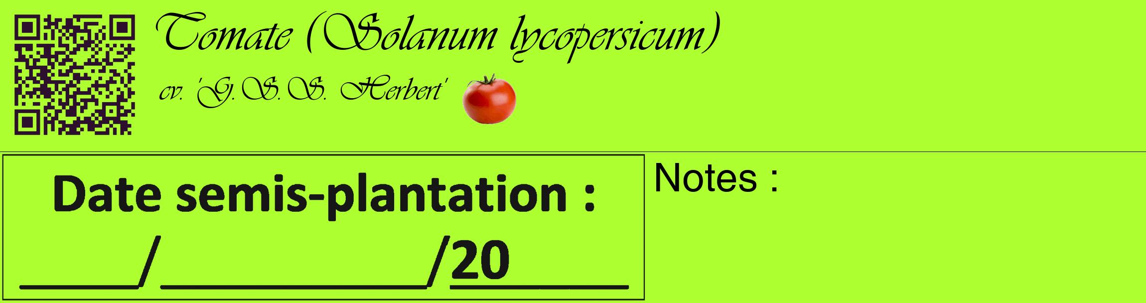 Étiquette de : Solanum lycopersicum cv. 'G.S.S. Herbert' - format c - style noire17_basique_basiqueviv avec qrcode et comestibilité simplifiée