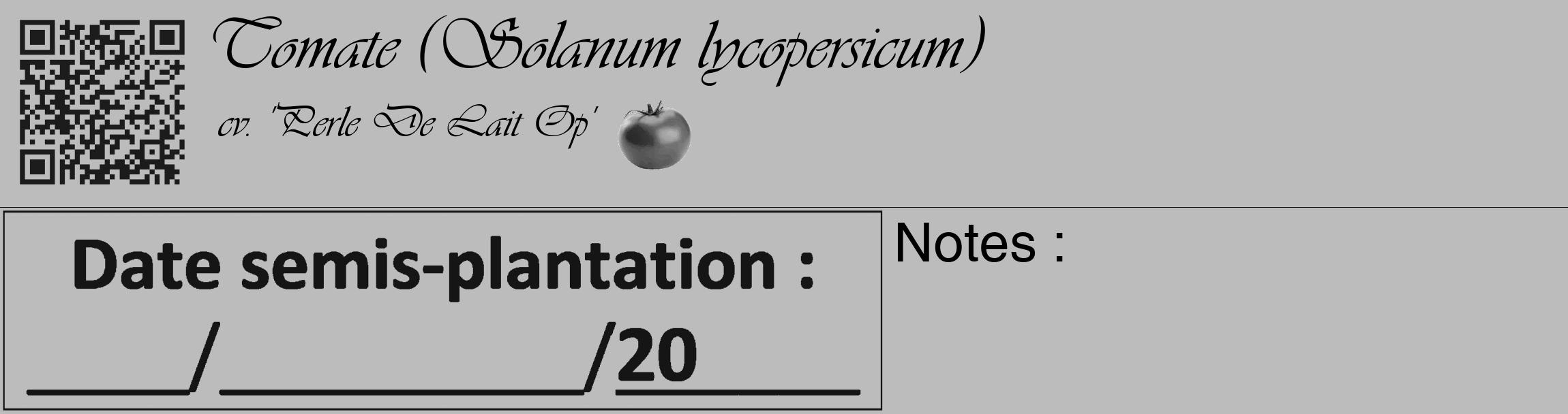 Étiquette de : Solanum lycopersicum cv. 'Perle De Lait Op' - format c - style noire1basique_basique_basiqueviv avec qrcode et comestibilité simplifiée
