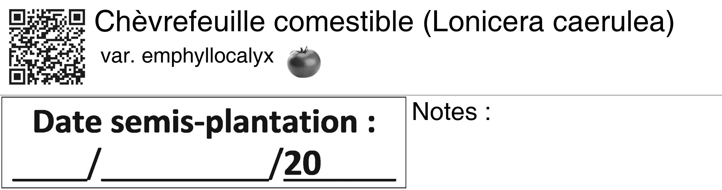 Étiquette de : Lonicera caerulea var. emphyllocalyx - format c - style noire60_basiquegrrvhel avec qrcode et comestibilité simplifiée