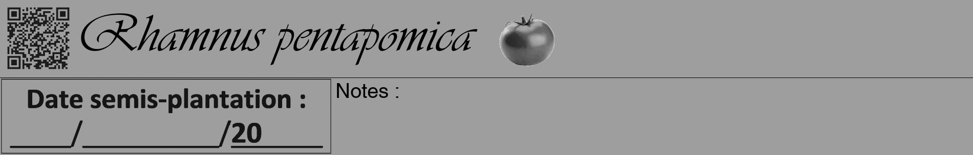Étiquette de : Rhamnus pentapomica - format a - style noire23basiqueviv avec qrcode et comestibilité simplifiée