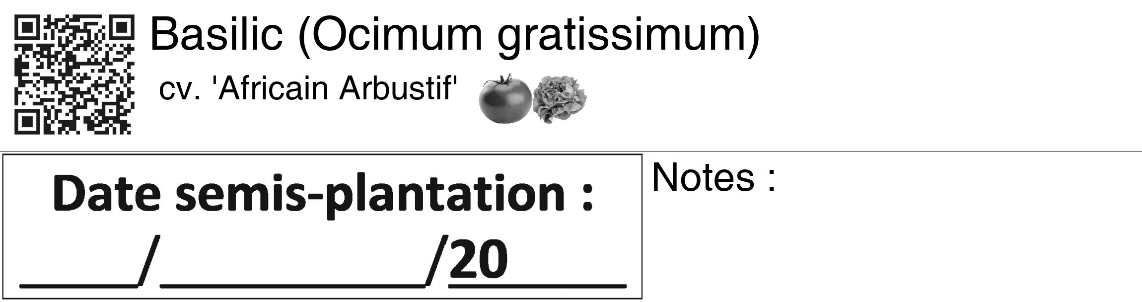 Étiquette de : Ocimum gratissimum cv. 'Africain Arbustif' - format c - style noire60_basiquegrrvhel avec qrcode et comestibilité simplifiée