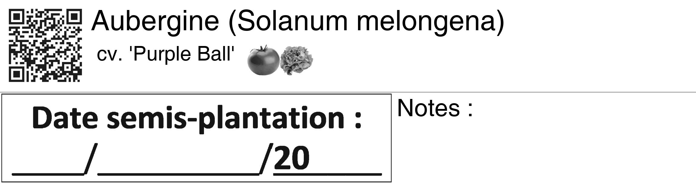 Étiquette de : Solanum melongena cv. 'Purple Ball' - format c - style noire60_basiquegrrvhel avec qrcode et comestibilité simplifiée