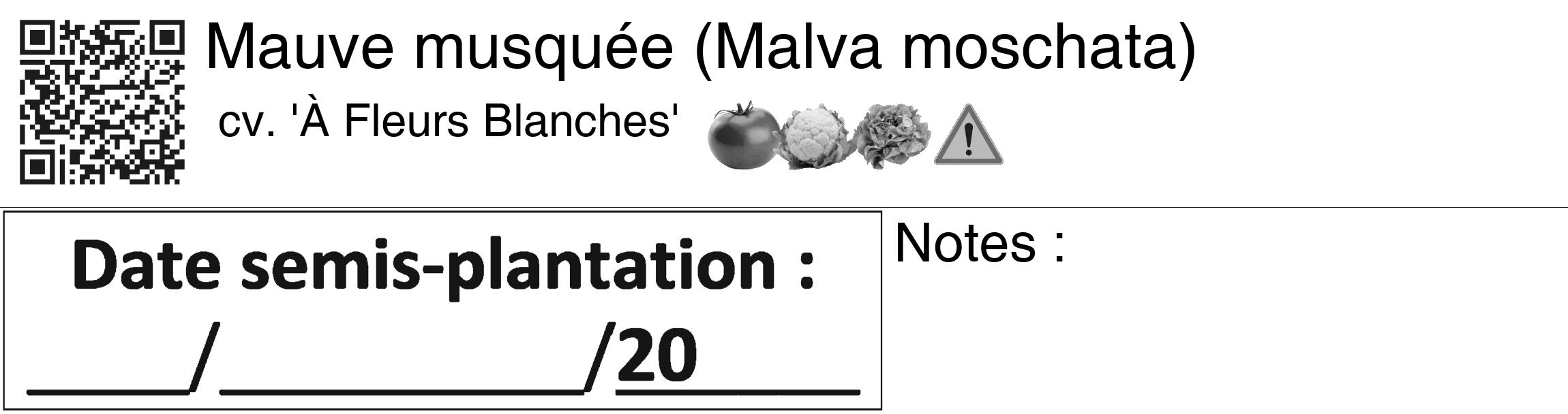 Étiquette de : Malva moschata cv. 'À Fleurs Blanches' - format c - style noire60_basiquegrrvhel avec qrcode et comestibilité simplifiée