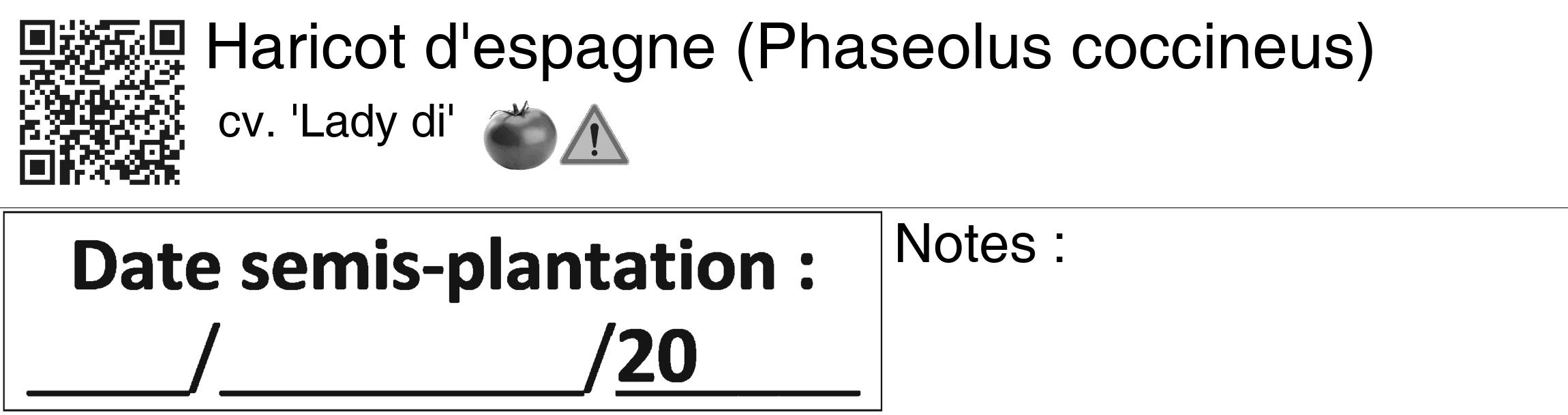 Étiquette de : Phaseolus coccineus cv. 'Lady di' - format c - style noire60_basiquegrrvhel avec qrcode et comestibilité simplifiée