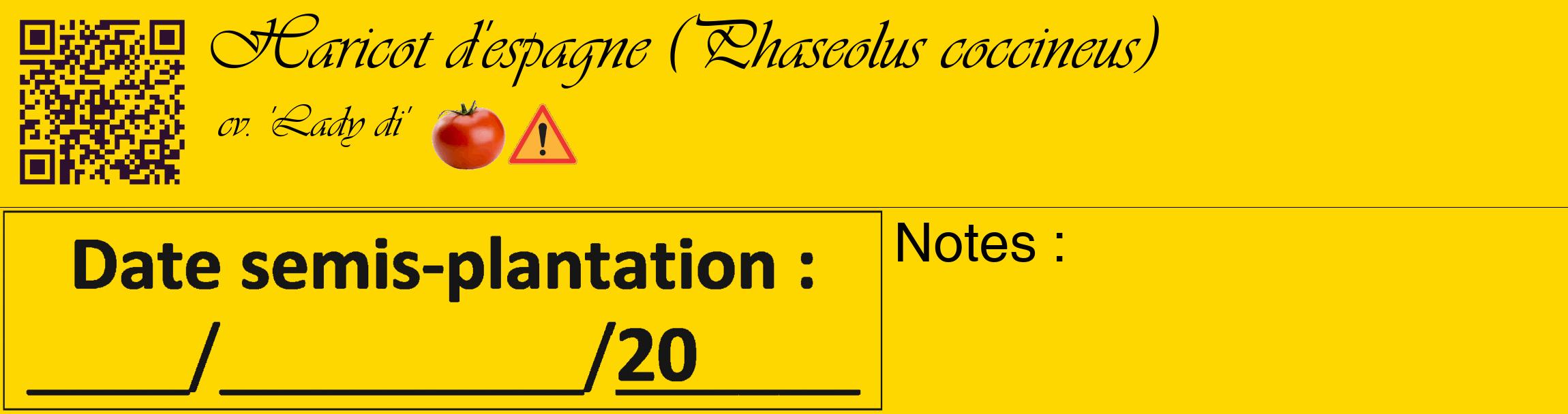 Étiquette de : Phaseolus coccineus cv. 'Lady di' - format c - style noire21basique_basique_basiqueviv avec qrcode et comestibilité simplifiée