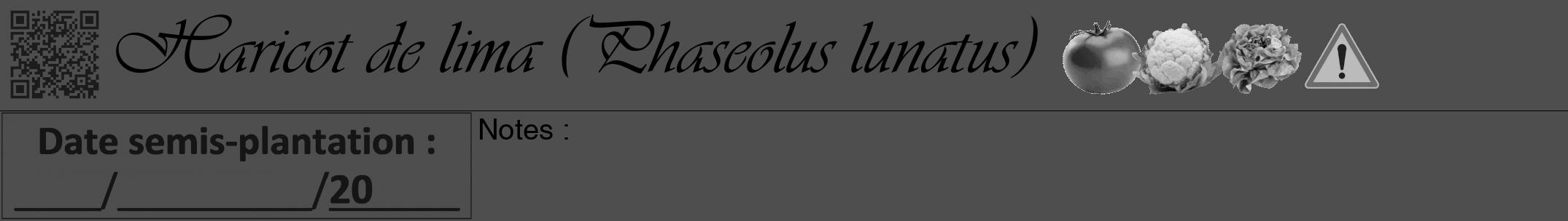 Étiquette de : Phaseolus lunatus - format a - style noire33viv avec qrcode et comestibilité simplifiée